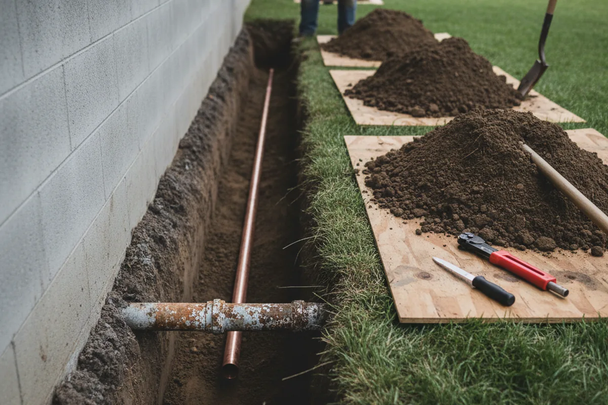 Excavated water line trench during Sewer Line Repair in Winthrop Harbor